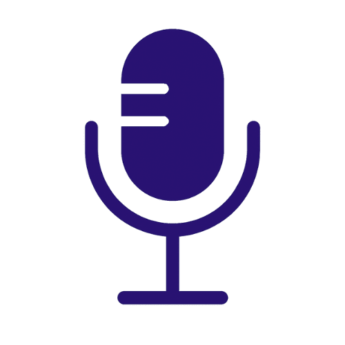 Simple dark-blue microphone icon with a rounded capsule shape and a thin stand, representing speaking or keynote services.