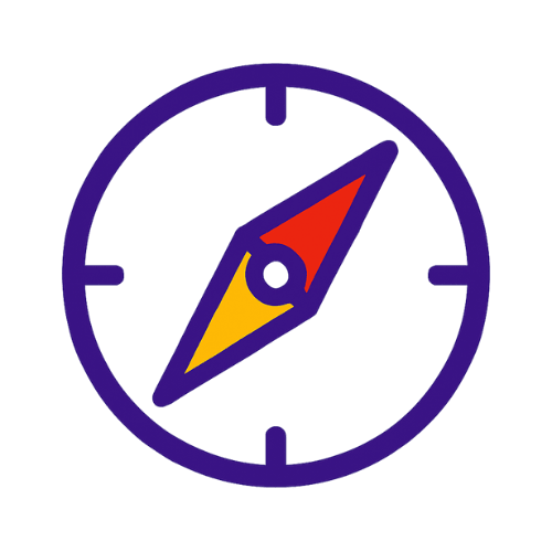 Purple-outlined compass icon with a red and yellow directional needle, symbolising strategy and guidance.