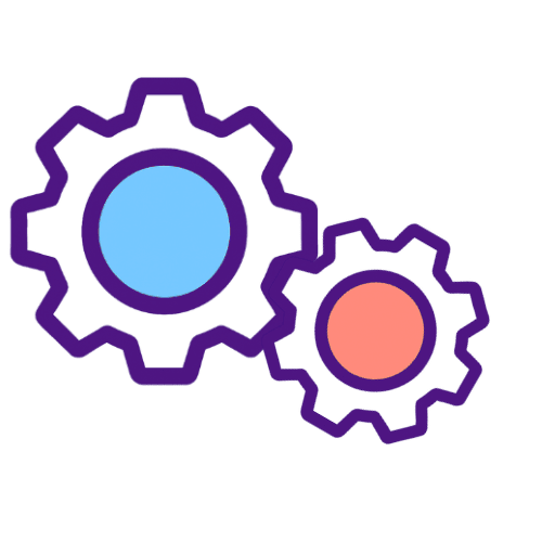 Two interlocking gear icons outlined in purple, one blue and one coral, representing hands-on workshop services.