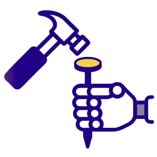 Icon of a purple-outlined hammer striking a nail held in a hand, representing practical AI use and hands-on learning.