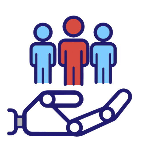 Icon of three human figures standing above a supportive outstretched hand, representing the relationship between people and AI.