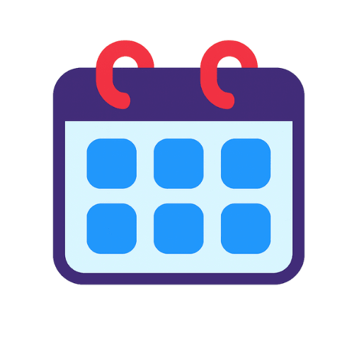 Calendar icon with a purple frame and blue date squares, representing planning and curriculum design.