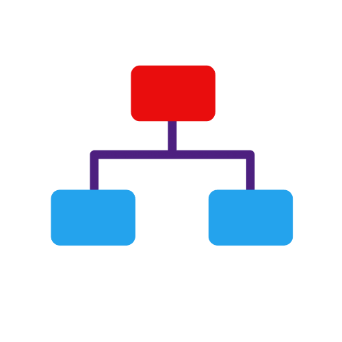 Icon of a red top box connected by purple lines to two blue boxes, representing structured critical thinking and argument mapping.
